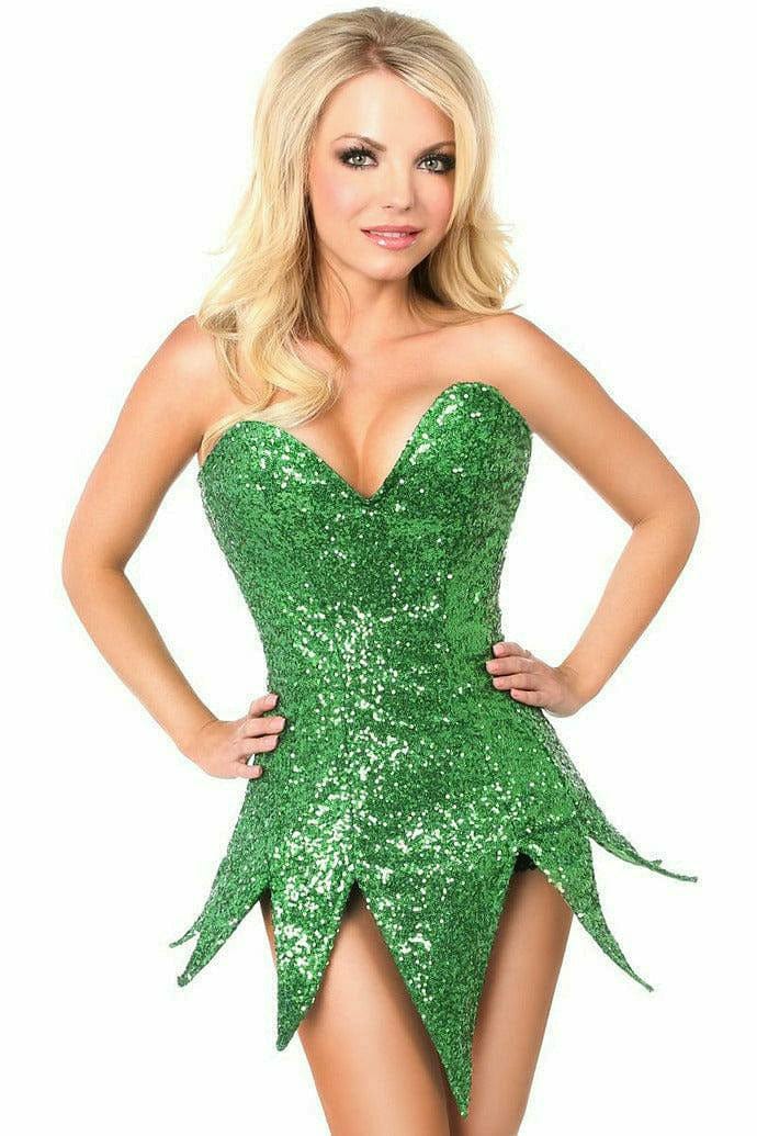 Woman modeling Deluxe Green Sequin Steel Boned Corset Dress with sweetheart neckline, showcasing its elegant fit and detailed sequin design.