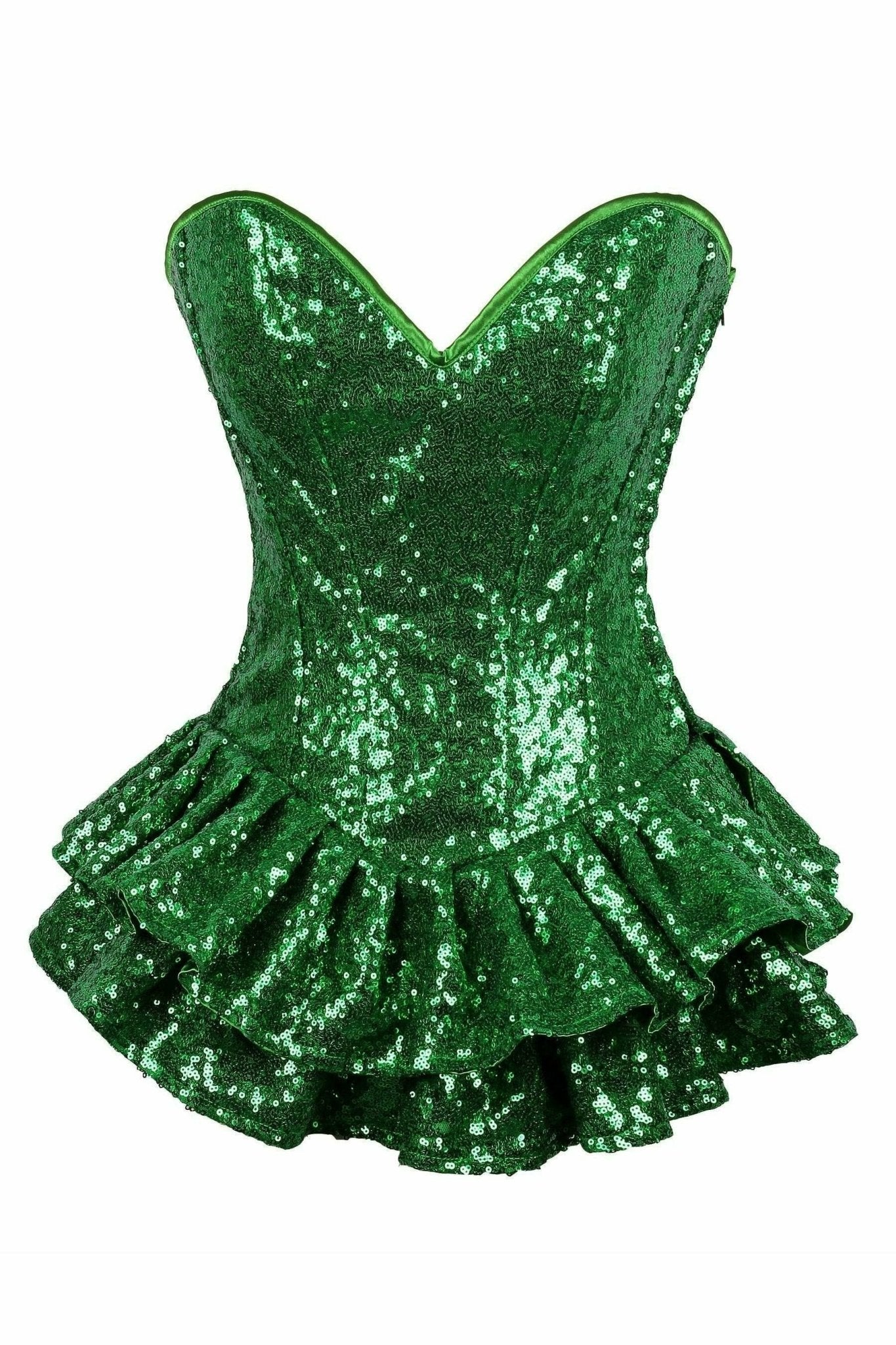Deluxe Green Sequin Steel Boned Mini Corset Dress featuring ruffled sequined fabric, sweetheart neckline, and back lacing, offering a luxurious and secure fit.
