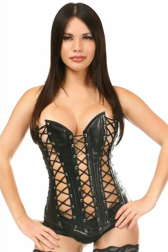 Woman wearing Deluxe Lace-Up Steel Boned Over Bust Corset with faux vegan leather and lacing, highlighting the corset's structured fit and stylish design.