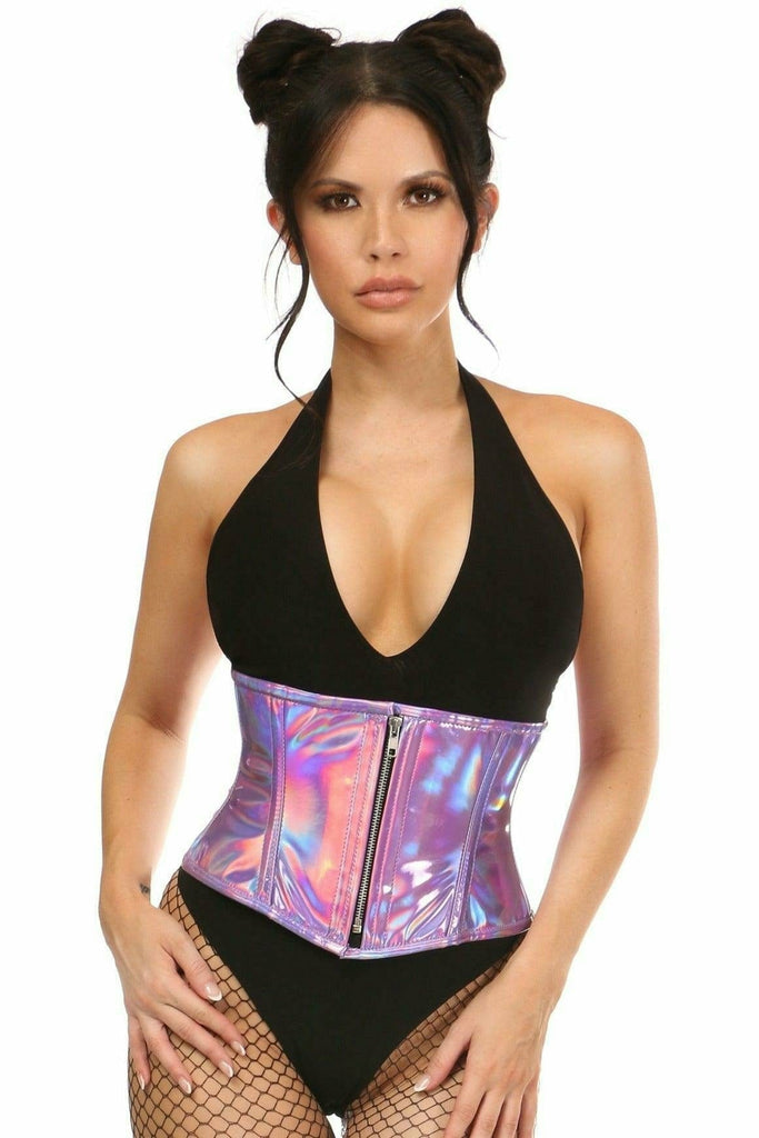 A woman models the Deluxe Lavender Hologram Steel Boned Mini Cincher, featuring a front zipper, spiral steel bones, and a modesty panel.