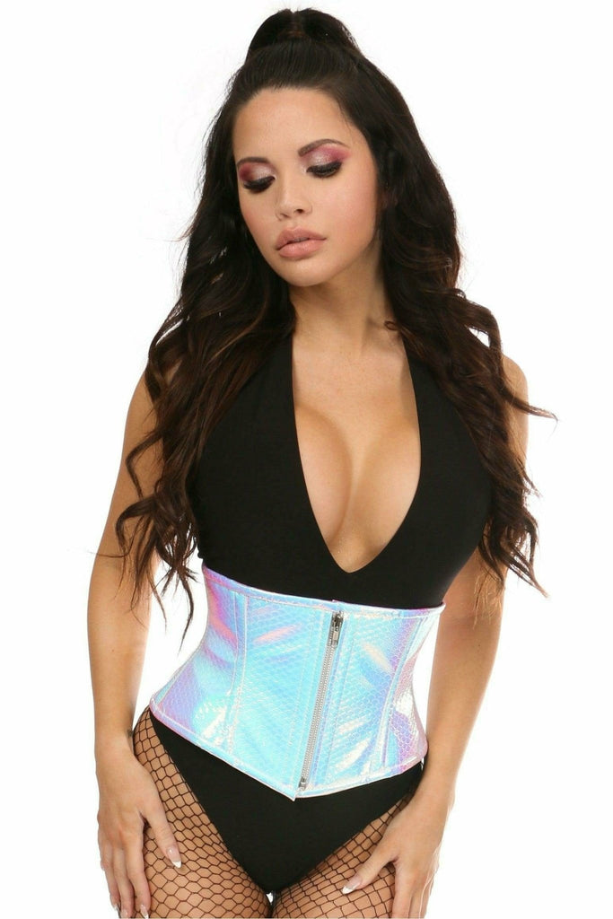 Woman modeling Deluxe Mermaid Hologram Steel Boned Mini Cincher, showcasing its steel boning structure and adjustable lacing for a form-fitting silhouette.
