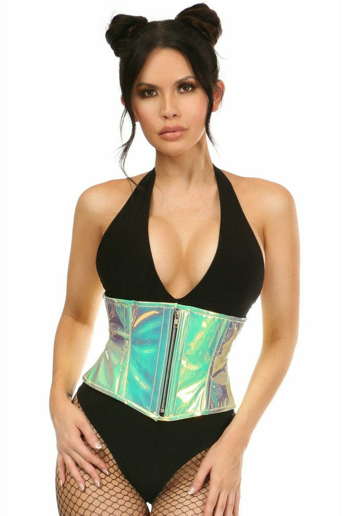 Woman wearing Deluxe Mint Green Hologram Steel Boned Mini Cincher with front zipper and spiral steel bones, styled with fishnet stockings.