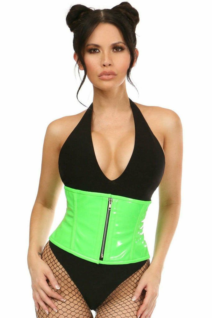 Woman modeling Deluxe Neon Green Patent Steel Boned Mini Cincher with front zipper, spiral steel bones, and fishnet tights, highlighting waist and corset details.