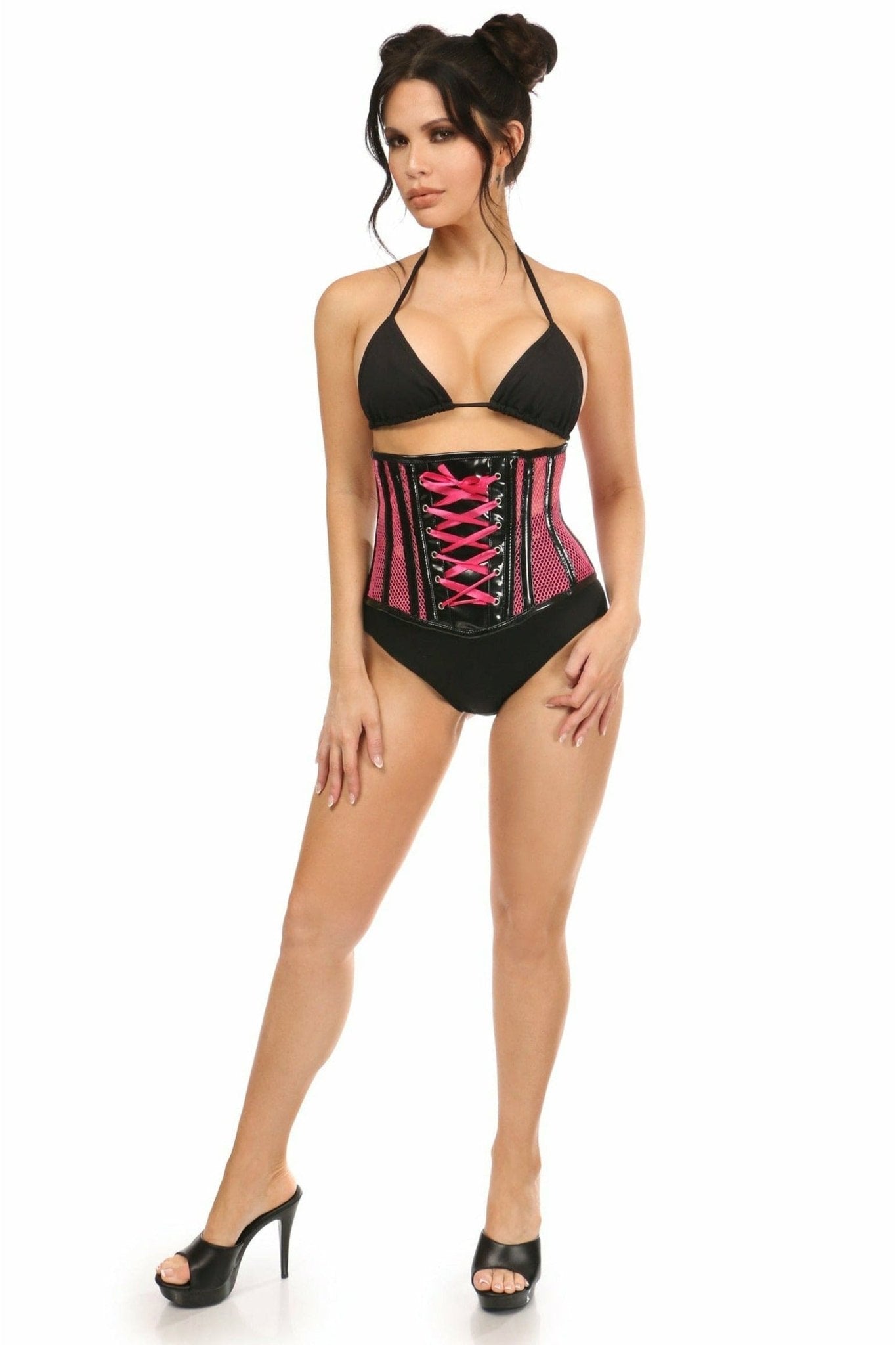 Deluxe Neon Pink Patent & Fishnet Underbust Corset Musotica.com