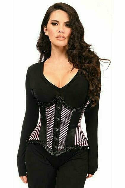 Woman wearing the Deluxe Pink Burlesque Underwire Curvy Cut Waist Cincher Corset, showcasing its structured fit and elegant design in a photoshoot setting.