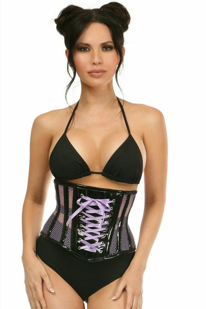 Woman wearing Deluxe Purple Patent & Fishnet Underbust Corset with back zipper and spiral steel bones, showcasing its stylish design and structure in a fashion shoot.