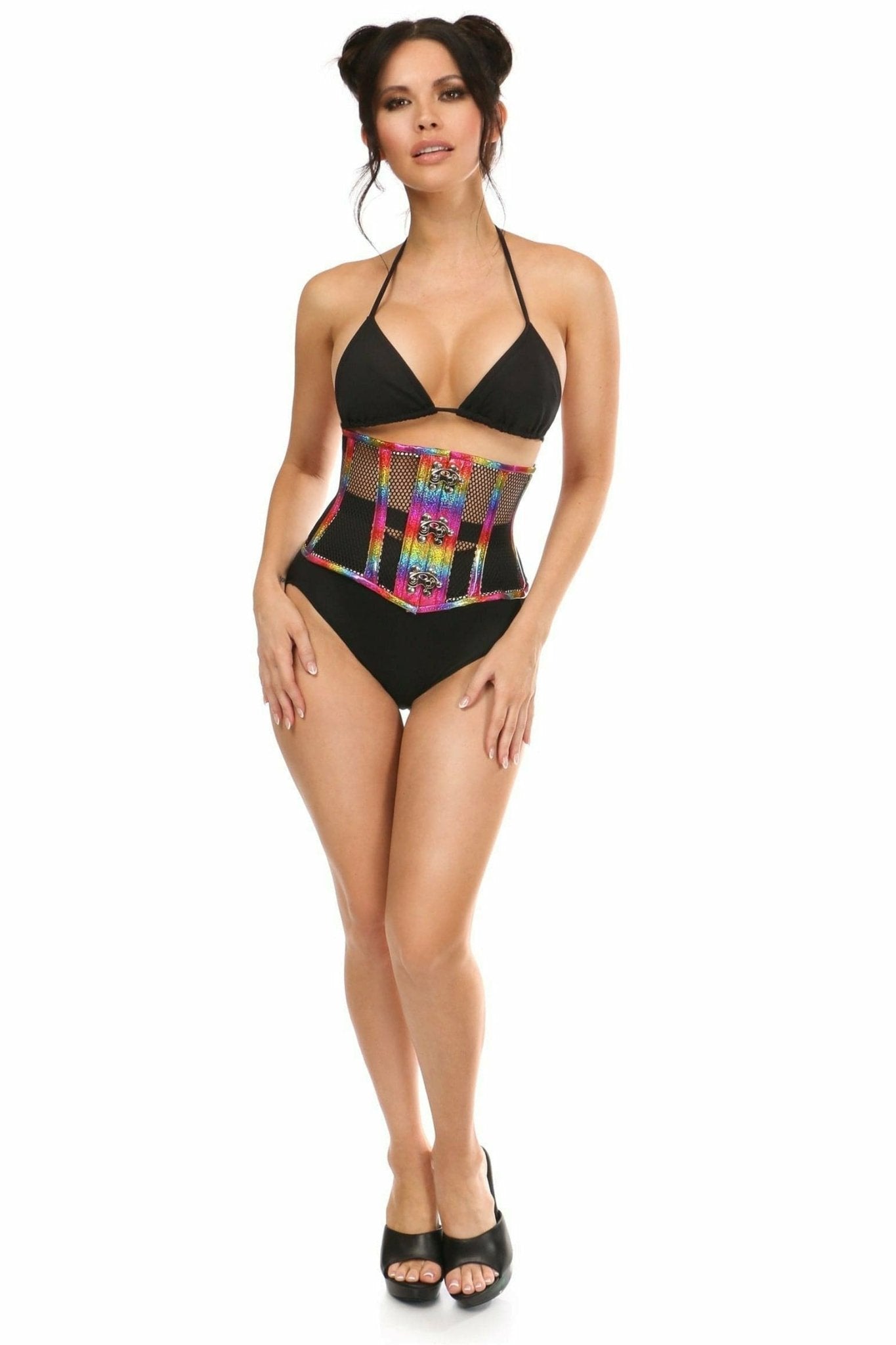 Deluxe Rainbow Glitter PVC Steel Boned Mini Cincher with Clasps Musotica.com