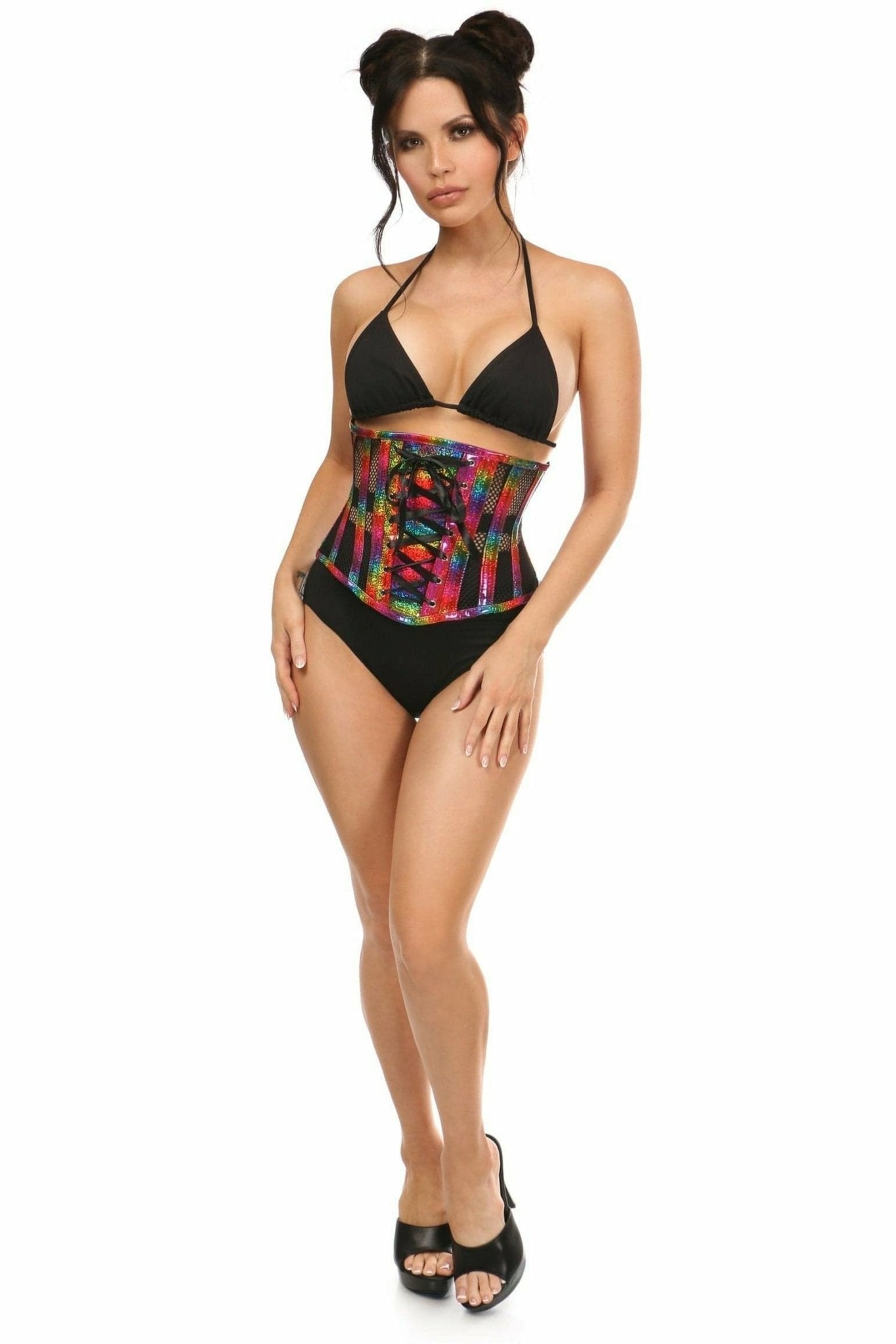 Deluxe Rainbow Glitter PVC Steel Boned Underbust Corset with Lace-Up Front Musotica.com