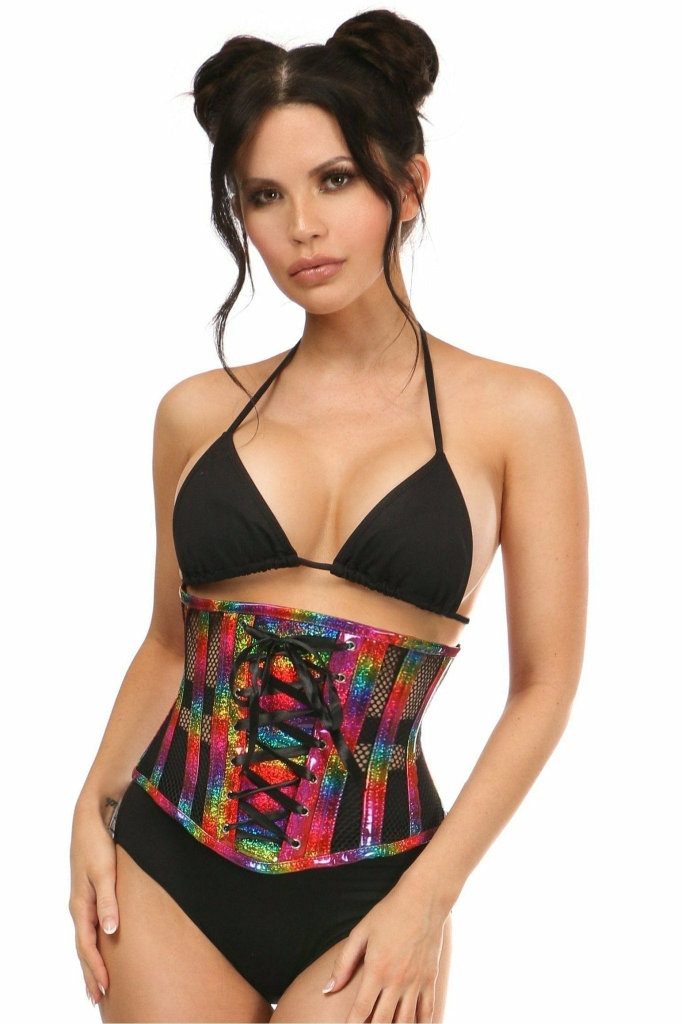 Woman modeling the Deluxe Rainbow Glitter PVC Steel Boned Underbust Corset, showcasing its lace-up front and structured fit.