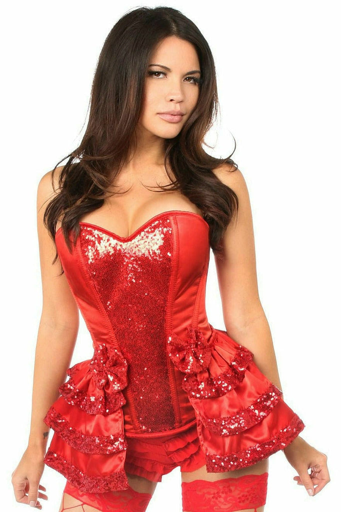 Deluxe Red Satin & Sequin Steel Boned Corset with Removable Snap Skirt Musotica.com