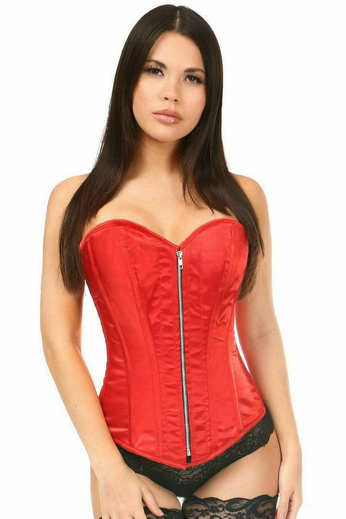 Woman modeling Deluxe Red Satin Steel Boned Corset, featuring a sleek design with brass grommets, spiral steel bones, and privacy panel for comfort.