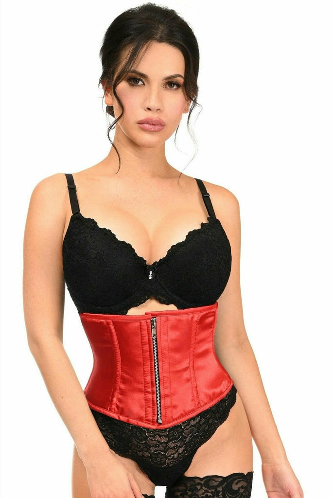 Deluxe Red Satin Steel Boned Mini Cincher worn by a model, highlighting its front zipper closure and supportive steel boning design.