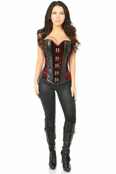 Deluxe Red Velvet & Faux Leather Steel Boned Corset Musotica.com