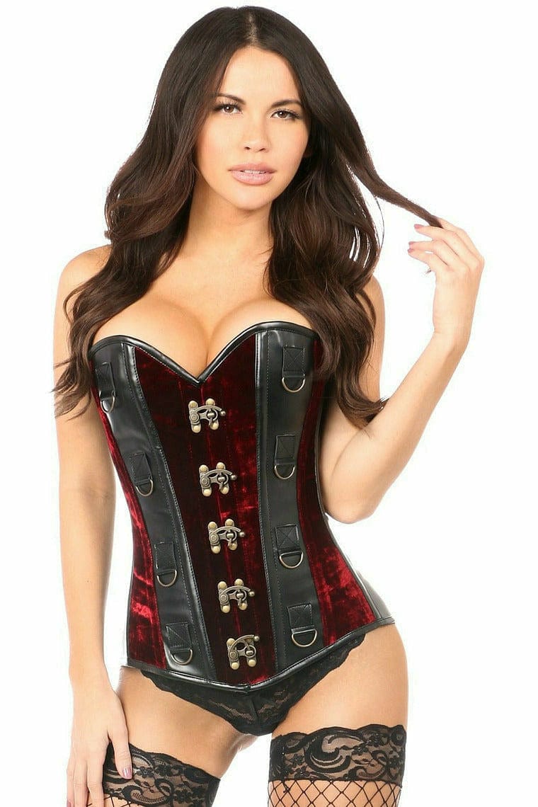 A woman models the Deluxe Red Velvet & Faux Leather Steel Boned Corset, showcasing its structured fit and lace detailing.