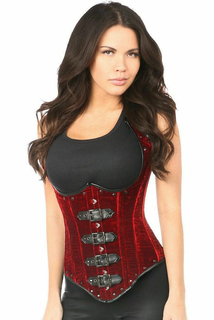 Woman wearing Deluxe Steel Boned Red Velvet Underbust Corset with Buckling, featuring adjustable halter strap and buckling closure, highlighting waist-cinching design in a photoshoot.