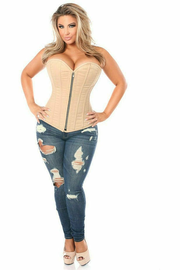 Deluxe Tan Cotton Steel Boned Corset with Zipper Musotica.com