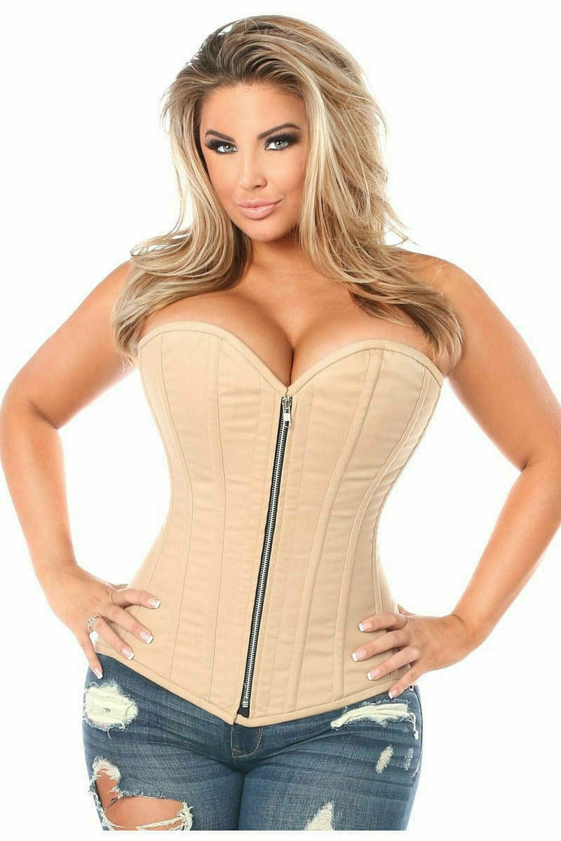 Deluxe Tan Cotton Steel Boned Corset with Zipper Musotica.com