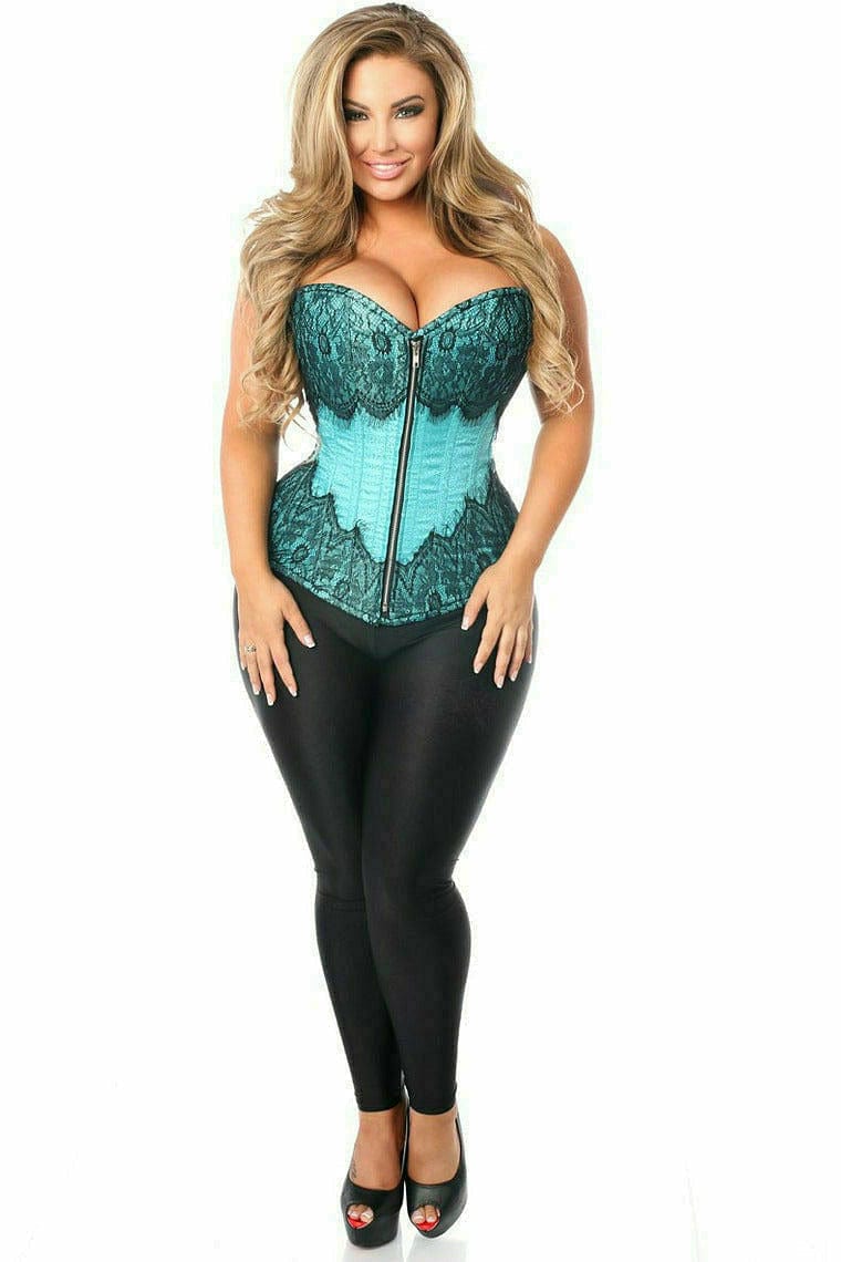Deluxe Teal Brocade Steel Boned Corset with Black Eyelash Lace Musotica.com