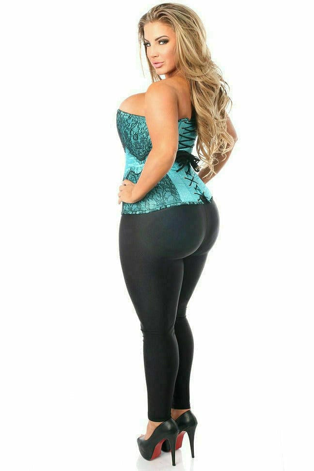Deluxe Teal Brocade Steel Boned Corset with Black Eyelash Lace Musotica.com