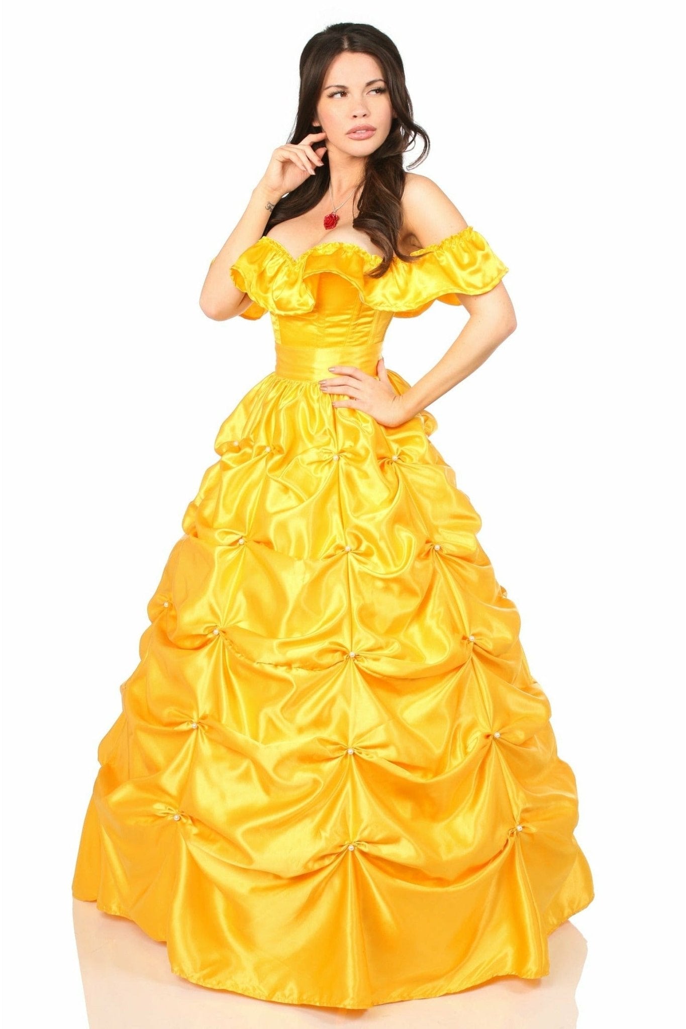 Woman in a Deluxe Three Piece Fairytale Beauty Corset Costume with ruffled skirt and off-the-shoulder sleeves, showcasing intricate design and elegant structure.