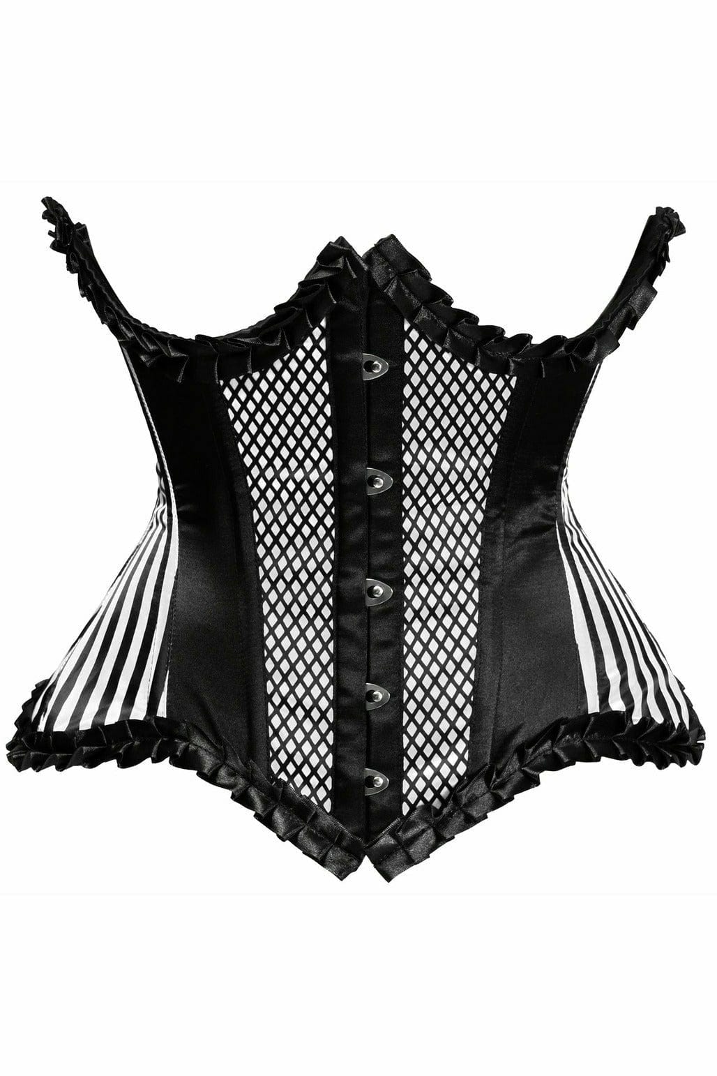 Deluxe White Burlesque Underwire Curvy Cut Waist Cincher Corset with spiral steel bones, satin fabric, nickel brass grommets, and back lacing for optimal shape and support.