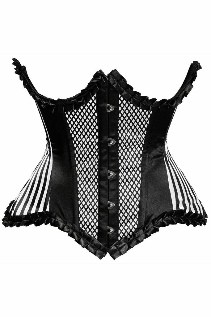 Deluxe White Burlesque Underwire Curvy Cut Waist Cincher Corset with spiral steel bones, satin fabric, nickel brass grommets, and back lacing for optimal shape and support.