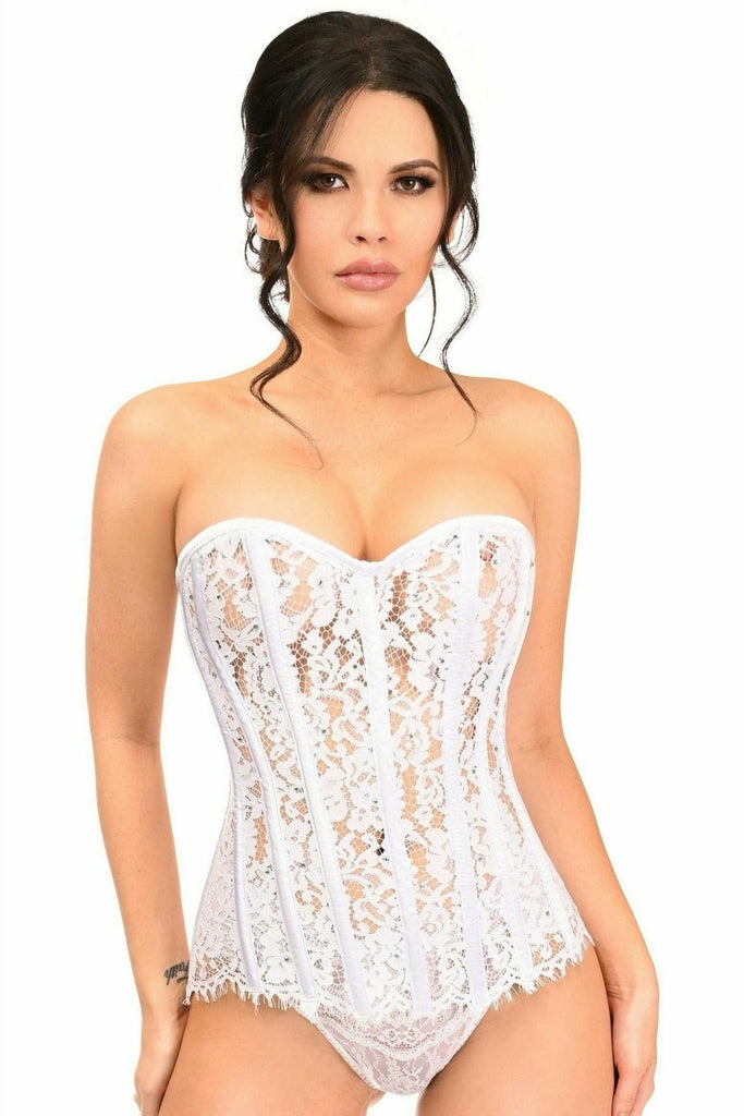 Woman modeling Deluxe White Lace Steel Boned Corset with Rhinestones, emphasizing its structured design and intricate details, perfect for bridal wear.