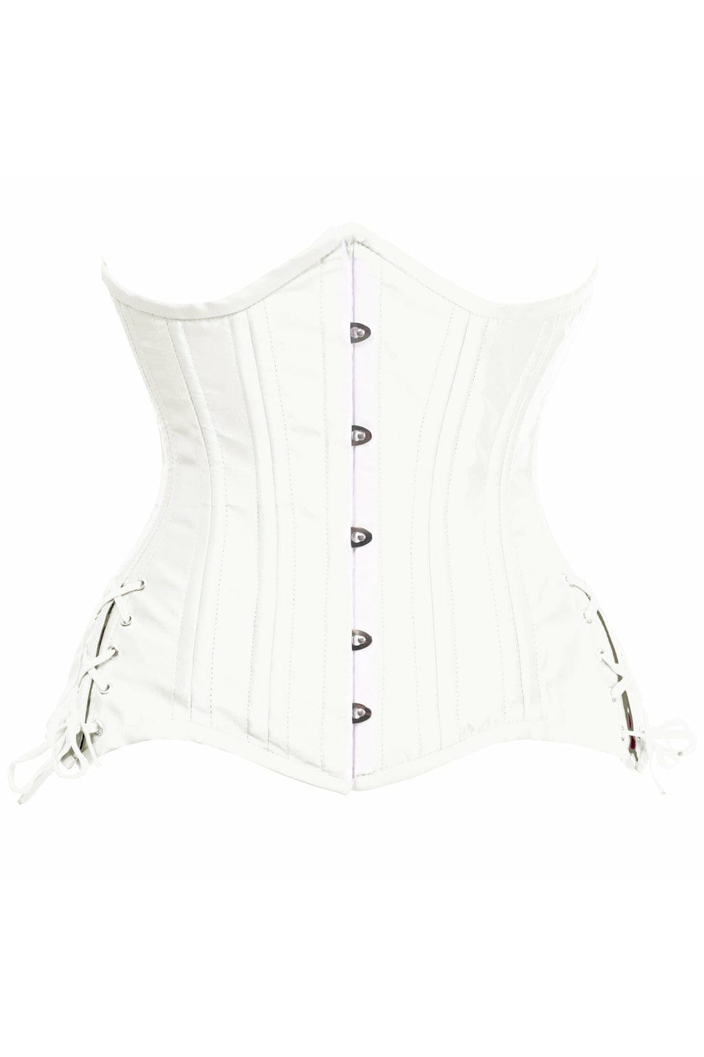 Deluxe White Satin Double Steel Boned Curvy Cut Waist Cincher Corset with lace-up sides, featuring spiral steel bones and nickel brass grommets for support and style.