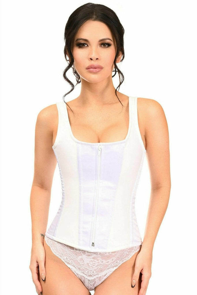 Woman wearing Deluxe White Satin Steel Boned Corset with shoulder straps, showcasing the zippered front and supportive design for a flattering silhouette.