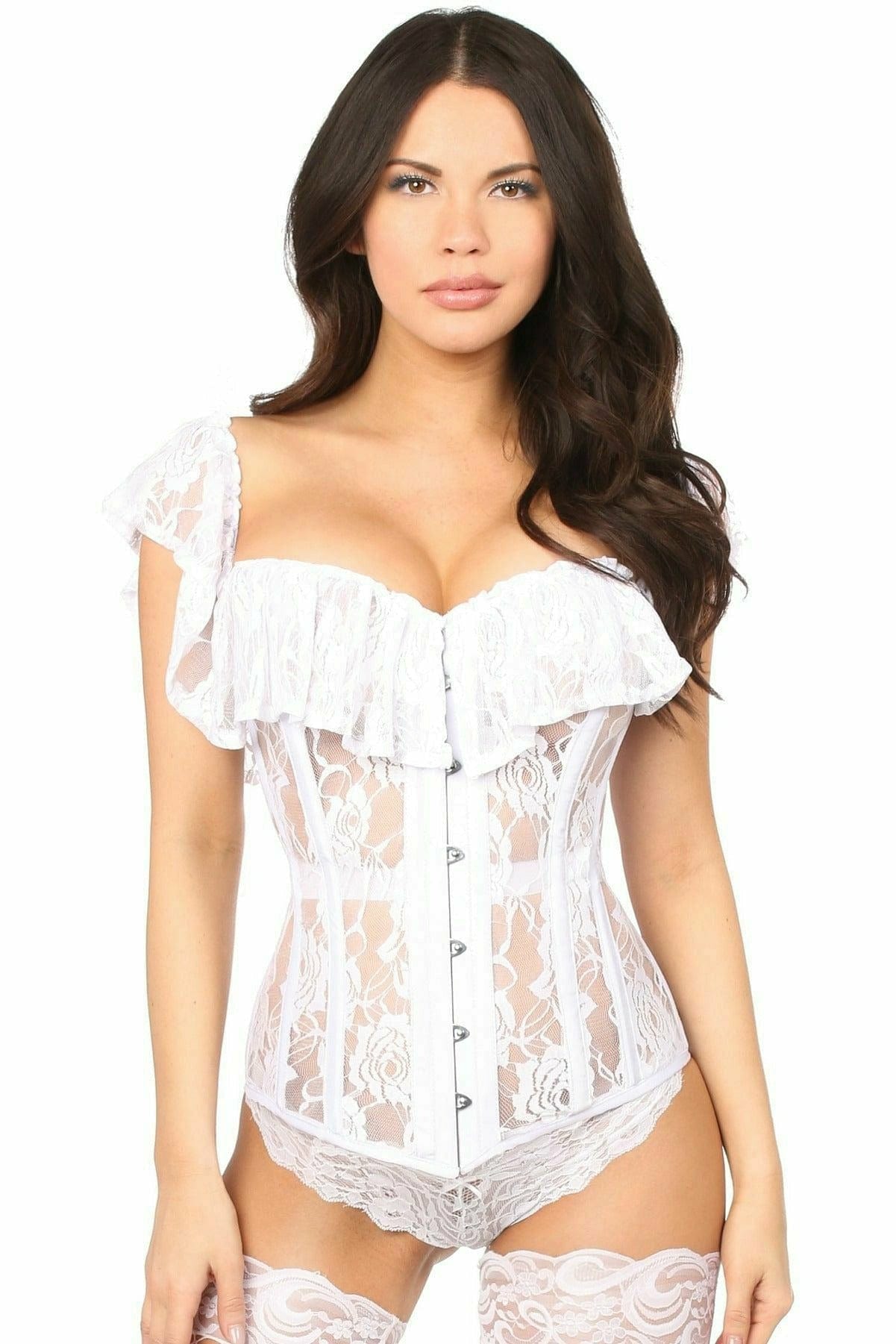 Deluxe White Sheer Lace Steel Boned Corset worn by a model, highlighting its lace fabric, supportive steel bones, and front busk closure.