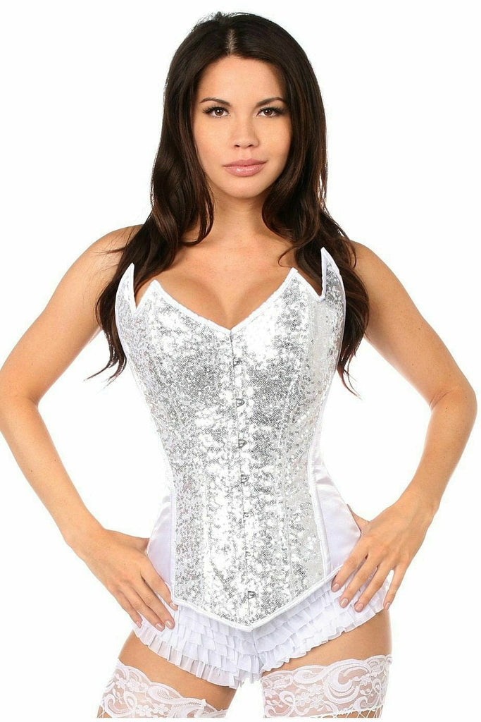 Woman wearing Deluxe White With Silver Sequin Pointed Top Steel Boned Corset, showcasing its front metal busk closure and spiral steel bones during a fashion photo shoot.