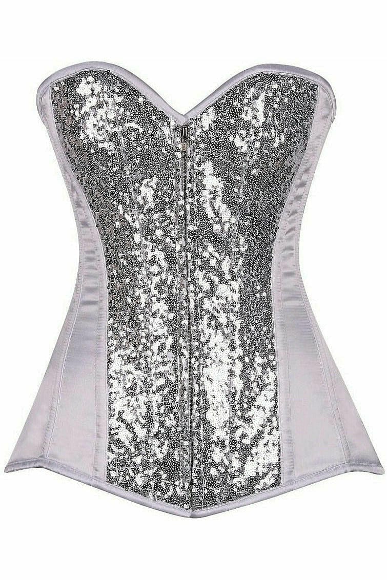 Deluxe White With Silver Sequin Steel Boned Corset Musotica.com