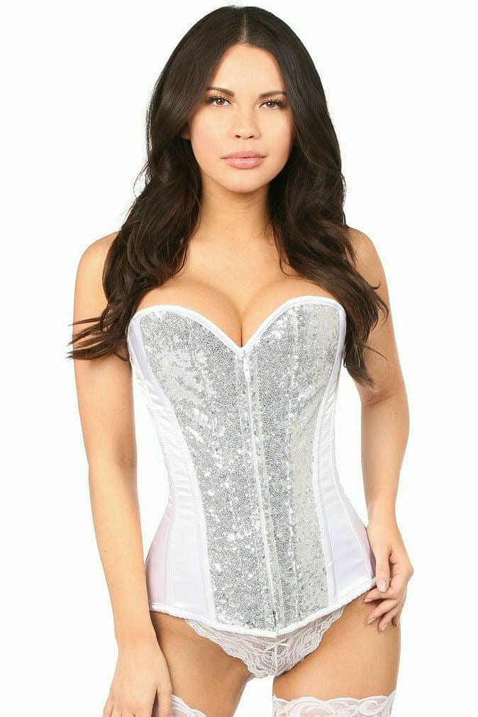 Deluxe White With Silver Sequin Steel Boned Corset worn by a model, highlighting its elegant structure and premium front metal zipper closure.