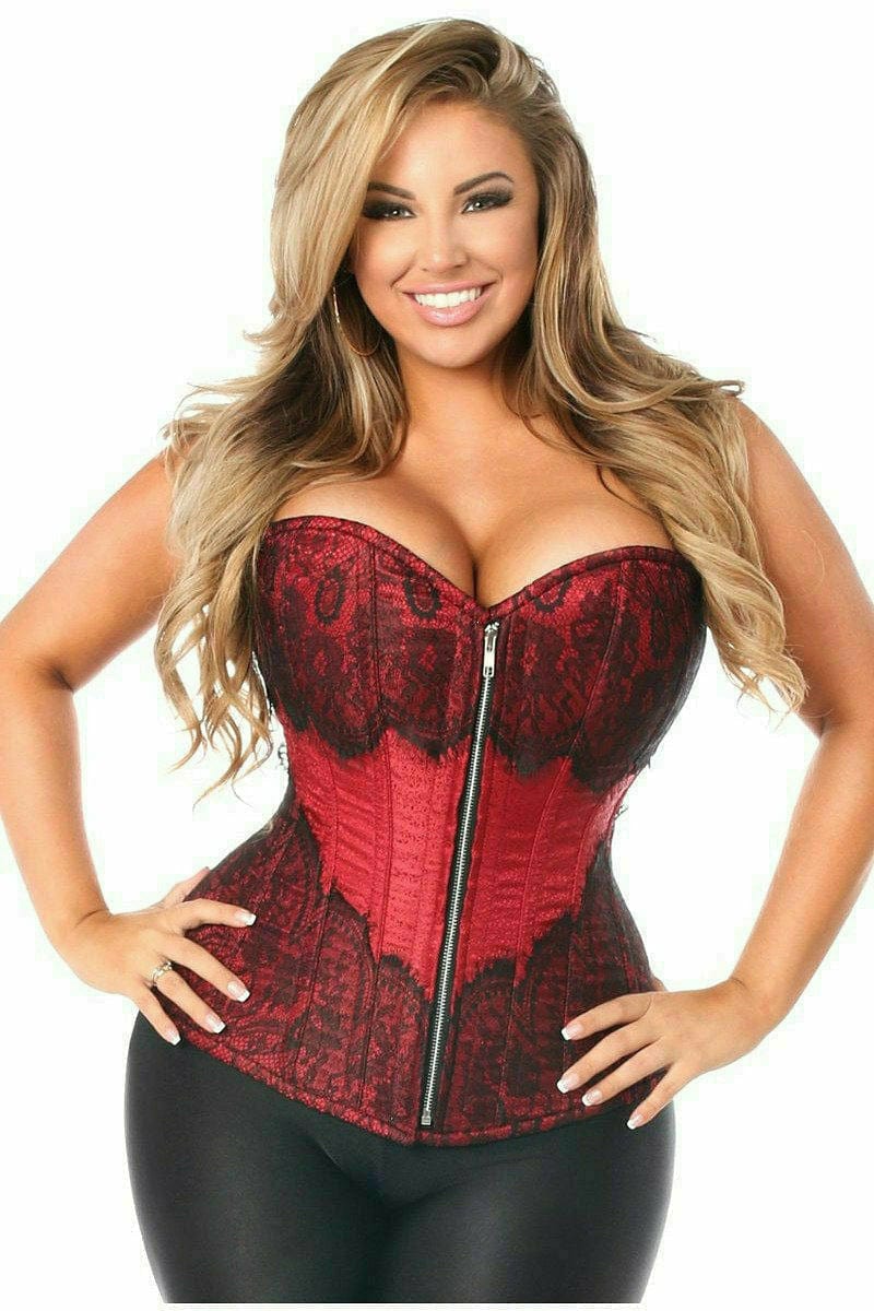 Deluxe Wine Brocade Steel Boned Corset with Black Eyelash Lace Musotica.com