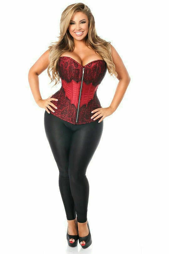 Deluxe Wine Brocade Steel Boned Corset with Black Eyelash Lace Musotica.com