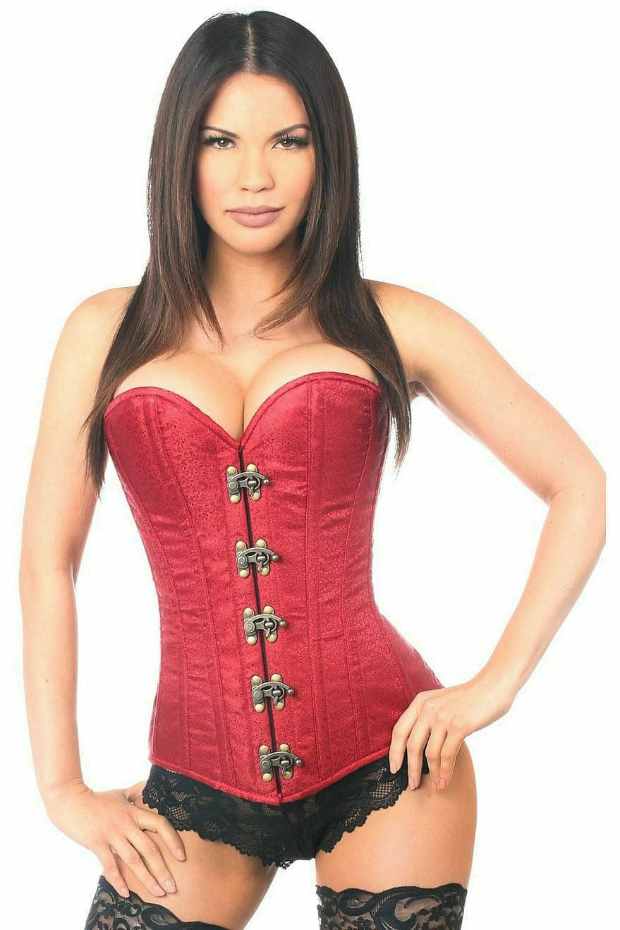 Woman modeling Deluxe Wine Brocade Steel Boned Corset with Clasp Closure, highlighting its elegant structure and clasp detailing. Perfect for a cinched, stylish look.