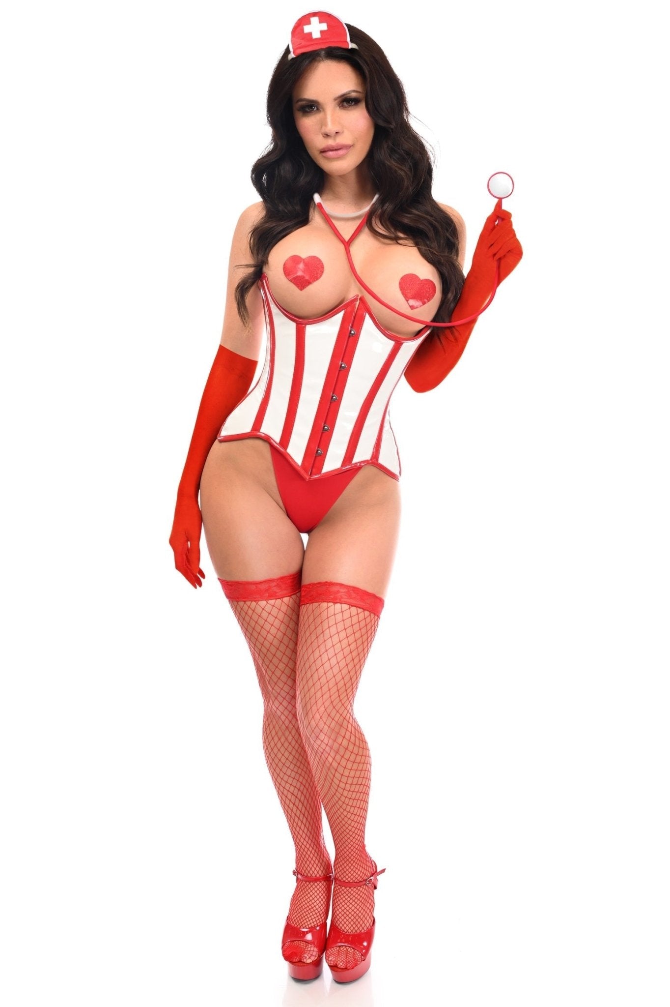 Edgy Nurse 4-Piece Vinyl Corset Costume Kit featuring a woman in a corset with red gloves and a nurse hat, perfect for a dramatic look.