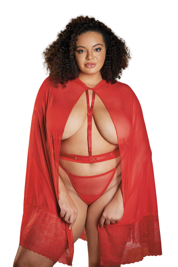 Elegant Plus Size Lace Cape with Mesh Detailing & Waist Belt, worn by a woman, highlighted with sheer mesh at the neck and a waist-cinching belt.
