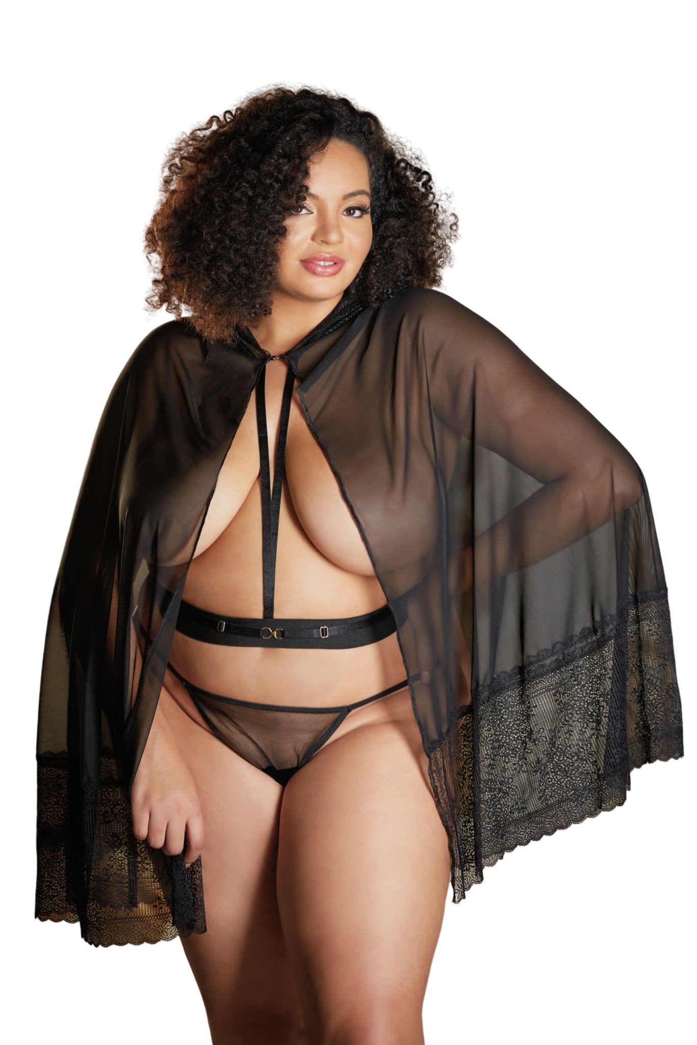 Elegant Plus Size Lace Cape with Mesh Detailing & Waist Belt Musotica.com