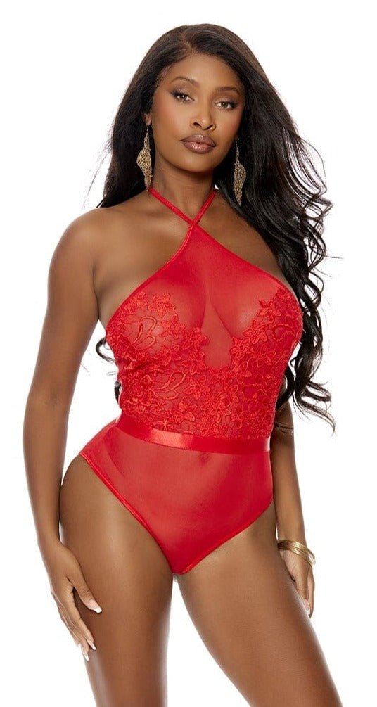 Woman modeling the Embroidered Front Mesh Teddy with a halter neck, featuring mesh details, a satin waistband, and lace-up back, perfect for Valentine's Day.