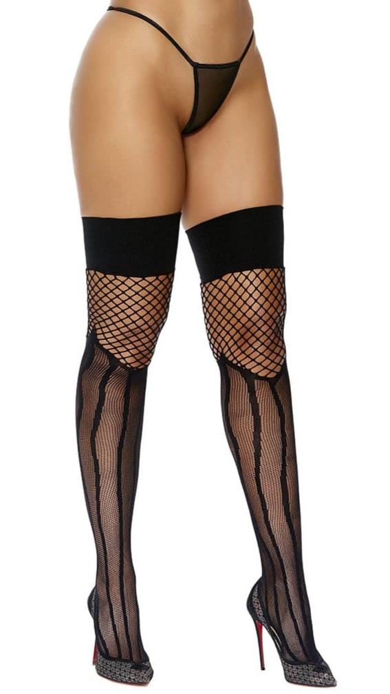 Fence Net & Stripes Thigh High Stockings on a model, showcasing the distinctive vertical stripe pattern and secure fit, highlighting their stylish design and comfort.