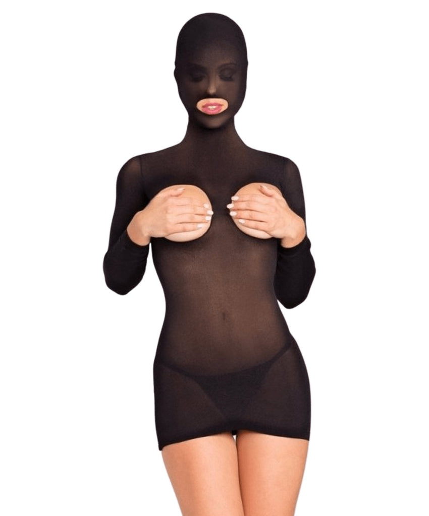 Woman wearing Fetish Romance Mini Dress, a sexy black minidress with an opaque hood, semi-sheer body, and long sleeves for a sultry look.