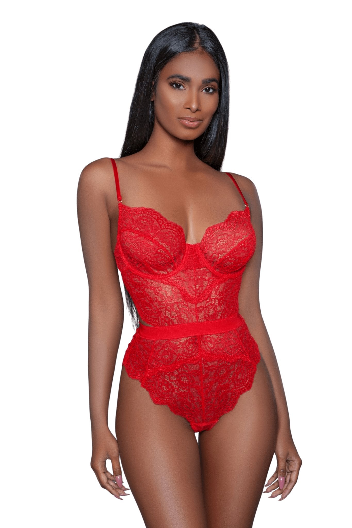 Woman wearing a Five Color Lace Teddy with non-padded cups and modern cut outs, showcasing adjustable straps for a curvy, confident look.