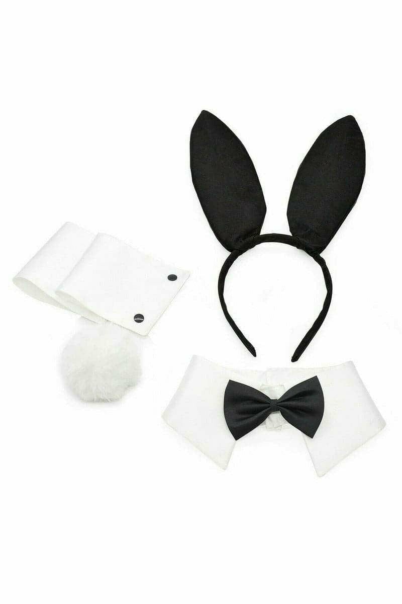 Five Piece Collar & Cuff Set featuring a black headband with bunny ears, a bow tie, white shirt, and accessories for a playful Halloween costume.
