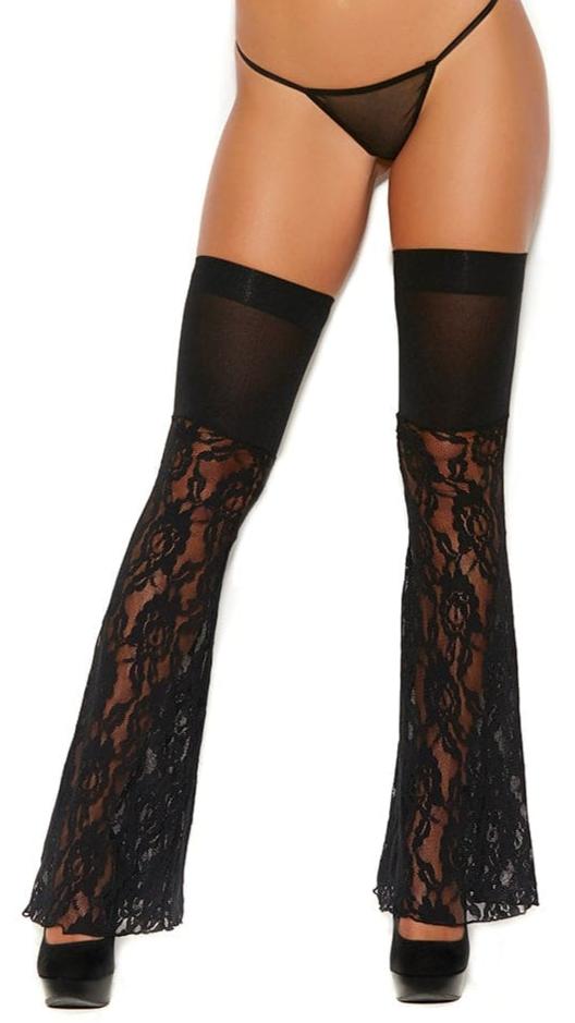 Flared Lace and Opaque Footless Leggings on a model with long brown hair, showcasing their thigh-high design and strapless chap look, ideal for clubwear.