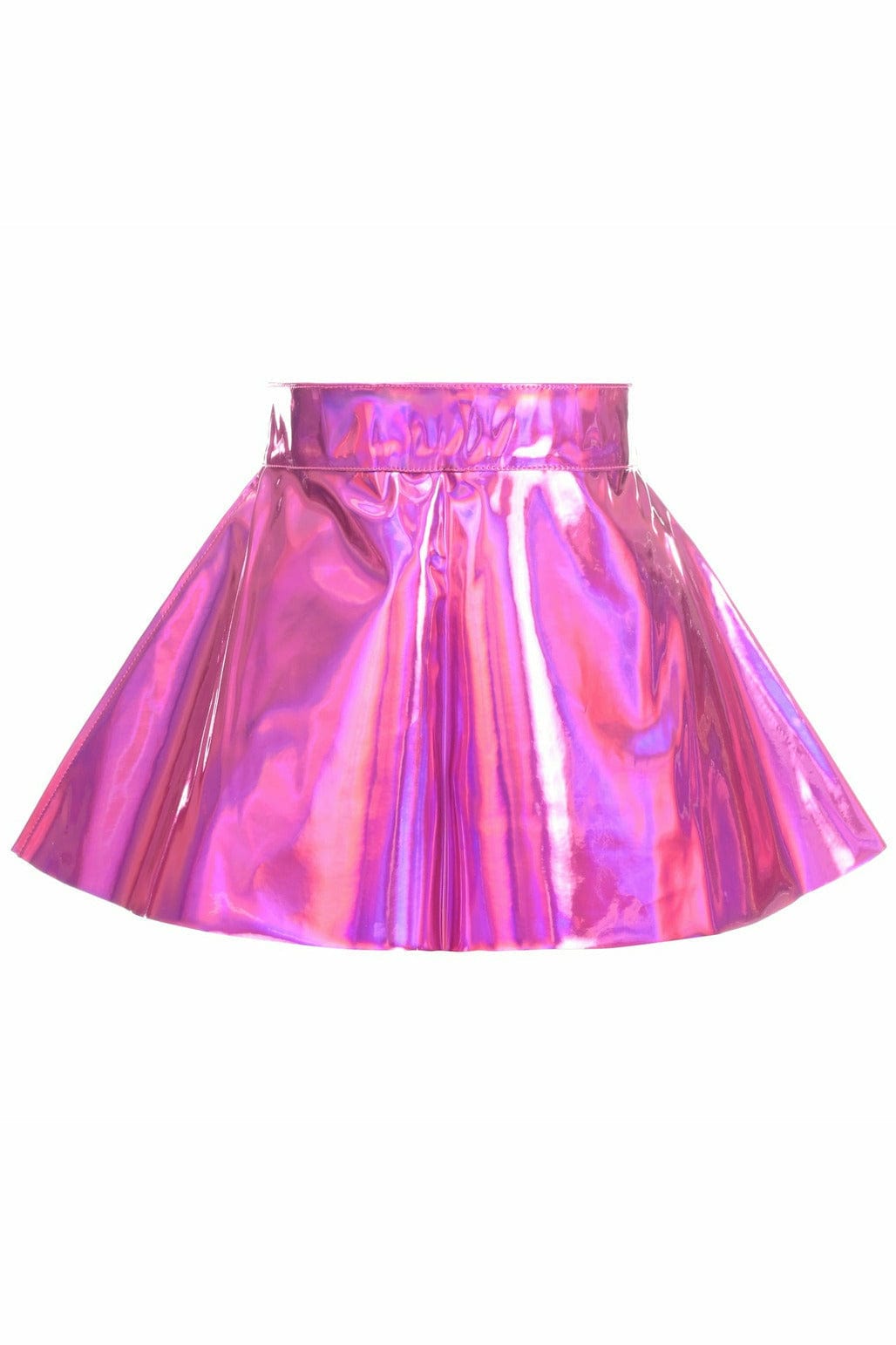 Fuchsia Hologram Skater Skirt with a shiny texture, featuring a sleek silhouette and zipper back closure, designed for festival wear.