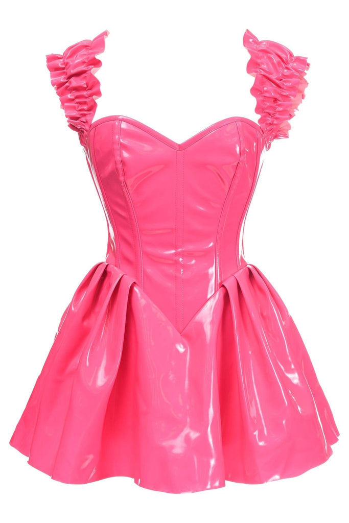 Glamorous Pink Vinyl Corset Dress with Reinforced Boning, featuring ruffles, sweetheart neckline, and adjustable lace-up back, perfect for clubbing or as a costume.