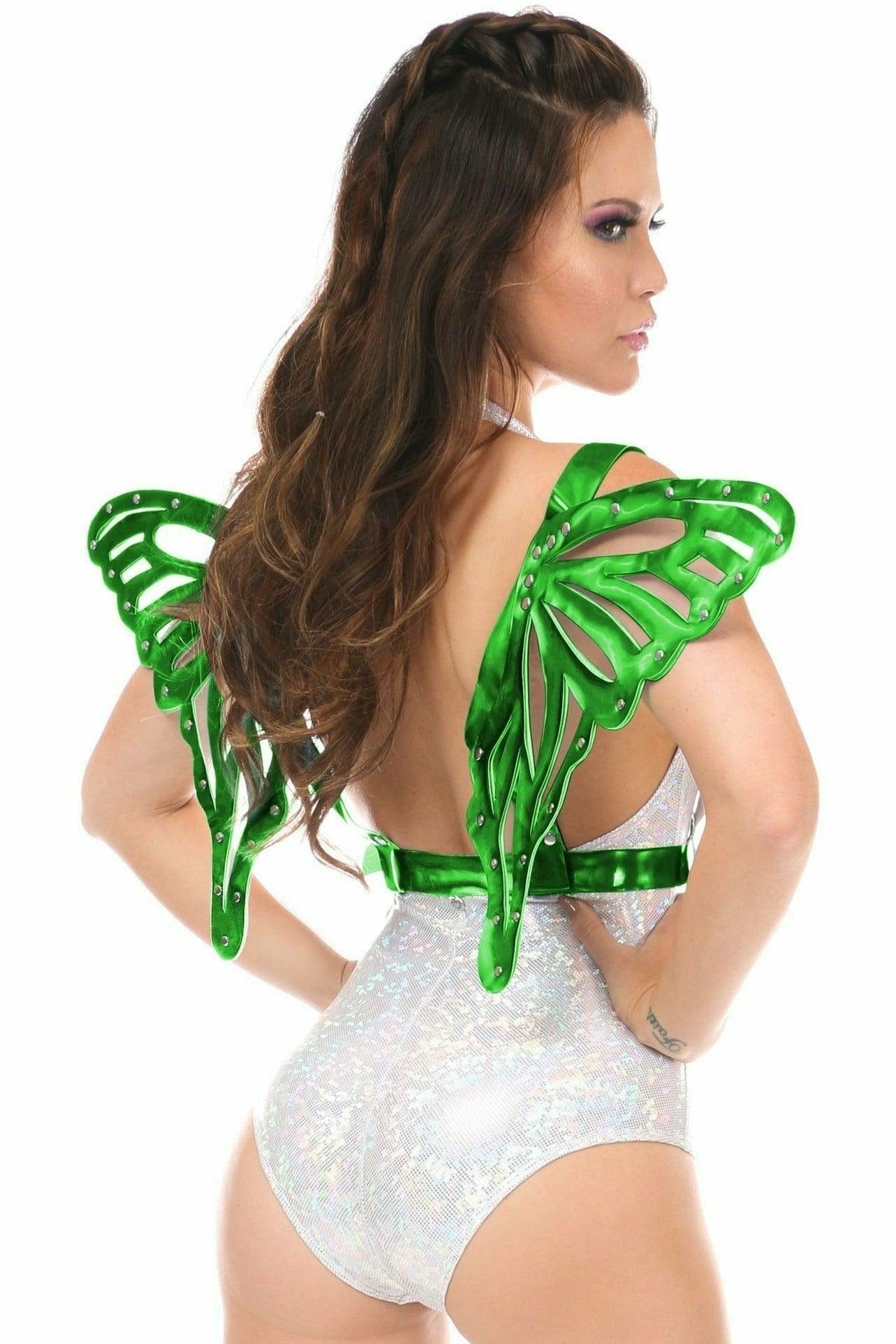 Woman wearing a Green Hologram Large Butterfly Wing Body Harness with adjustable straps and large holographic wings, showcasing festival-ready style.