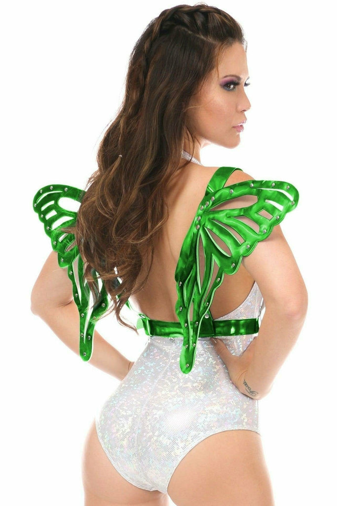 Woman wearing a Green Hologram Large Butterfly Wing Body Harness with adjustable straps and large holographic wings, showcasing festival-ready style.