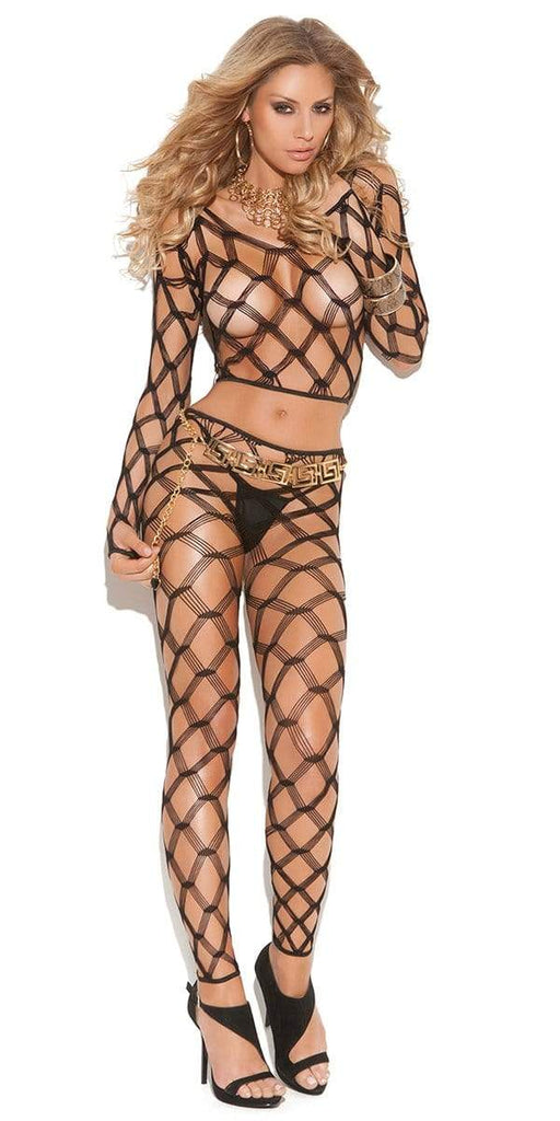 Woman modeling Hong Kong Diamond Fishnet Cami Lingerie Set featuring a long-sleeve midriff cami top and ankle-length leggings in a diamond fishnet pattern.